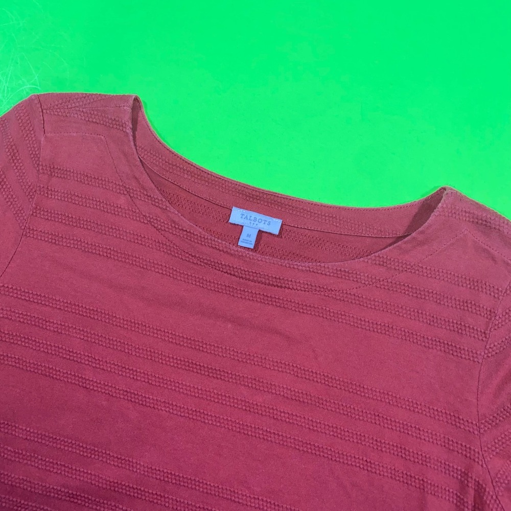 Talbots Womens Textured Stripe‎ Boat Neck Long Sleeve Top Rust Terracotta Size M